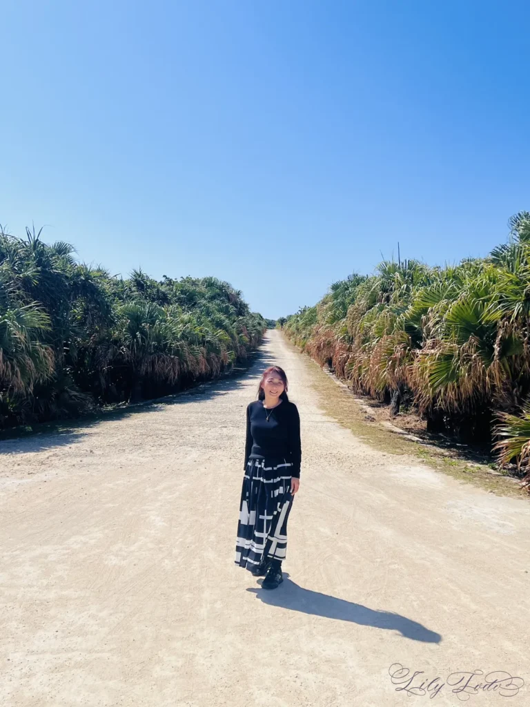 琉球創世神アマミキヨが降臨したとされるカベール岬へ続く一本道。聖域へと向かうクバの並木道に立つ東道里璃（Lily Todo）。